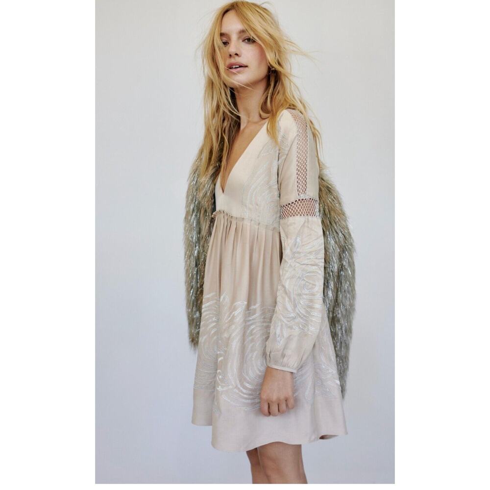 Free People Starlight Dress Champagne & Silver Metallic Embroidery Size L